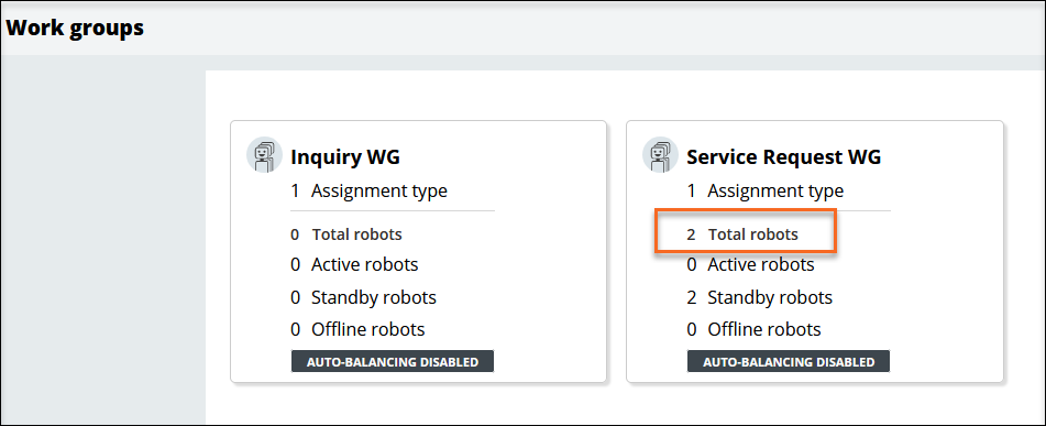The Work groups screen of Pega Robot Manager showing assigned robots.