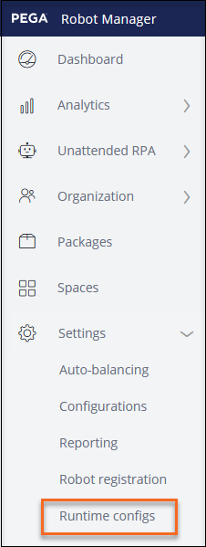 The Settings menu showing the runtime configs option