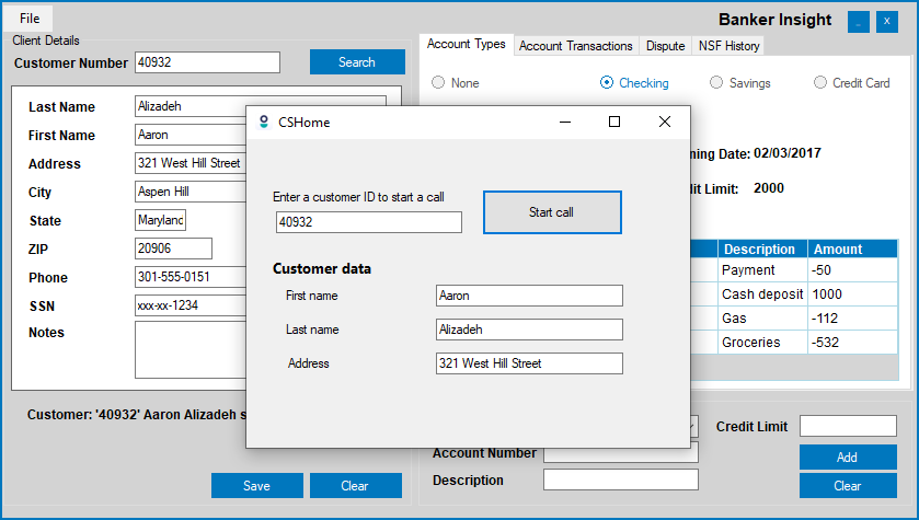 The result of the project run displaying the windows form with a customer data displayed on proper fields. 