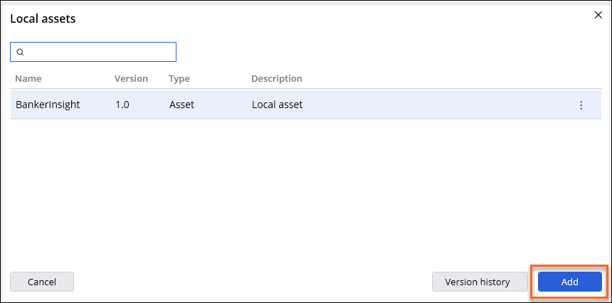 The Local assets dialog box listing the available Assets that can be included in the project. 