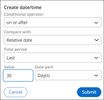 The Explore Data Create date/time filter dialog box