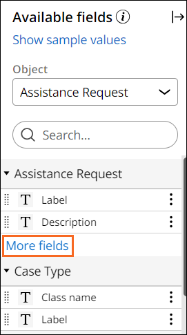 Highlighting the More fields button under Available fields pane