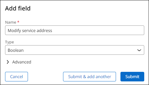 Add field window for the Modify service address Boolean field
