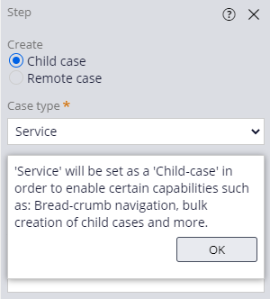 Service case selected in the Create Service case automation step