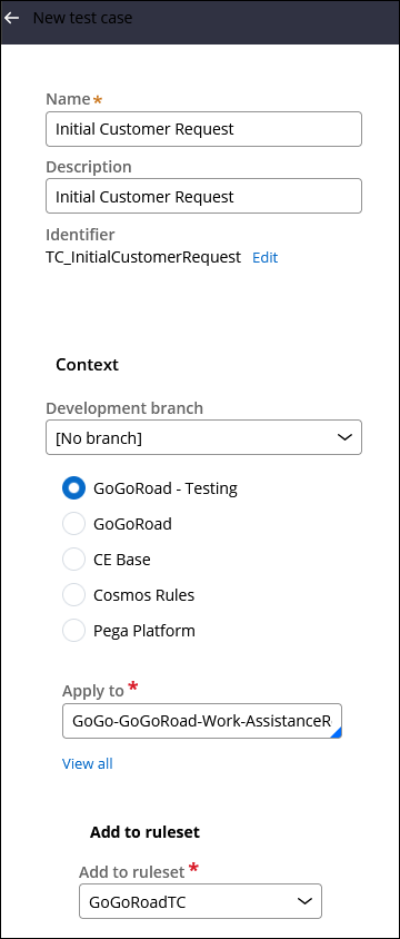 An image that shows the name, description, development branch, apply to, and add to ruleset settings.