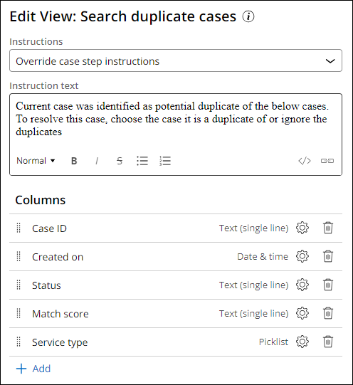 Edit View: Search duplicate Cases with the Service type field added