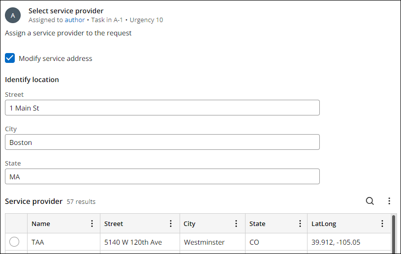 Select service provider View with Modify service address selected
