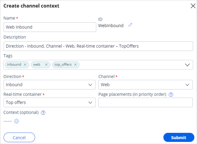 Channel context creation window