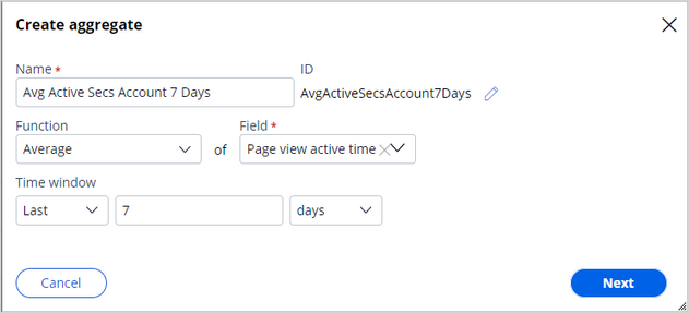 Creating an aggregate to calculate AvgActiveSecsAccounts7Days