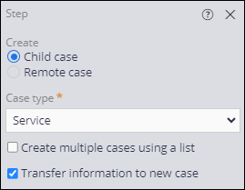 The Step properties pane for the Create child Case step