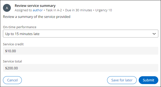 Review service summary view with 15 minutes selected