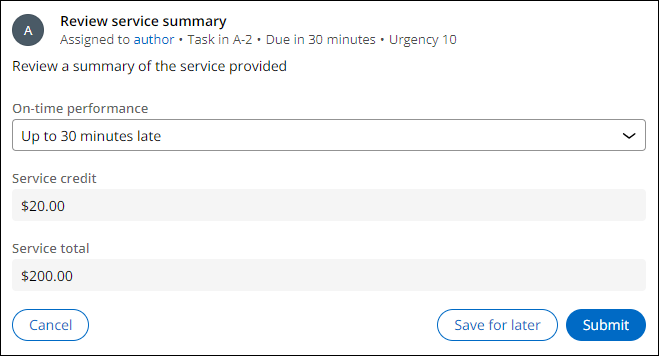 Review service summary view with 30 minutes selected