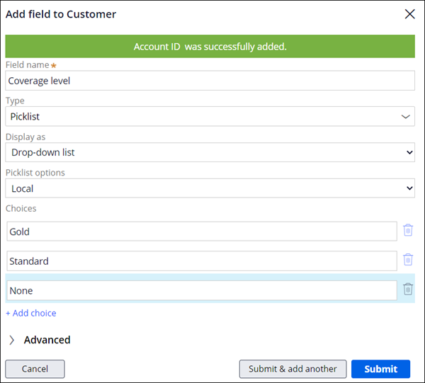 The Coverage level field of the Customer data object.