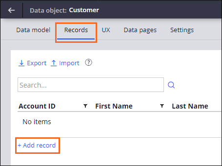 The Records tab in the Customer data object