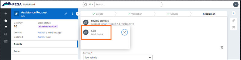 Highlighting the Review services assignment is routing to the CSR work queue