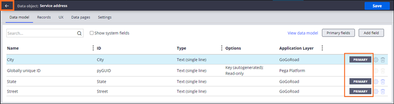 Highlighting the Primary fields in the Service address data object