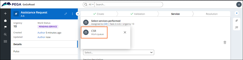 Highlighting the Select services performed Step is routing to the CSR Work Queue