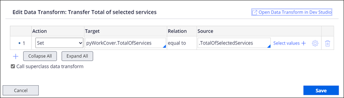 The Transfer total of selected services Data Transform.