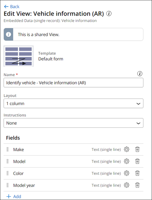The fields associated with the Vehicle information data relationship in the Vehicle information view