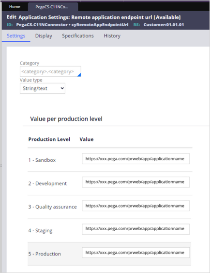Value per production level section of the Application Settings tab