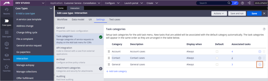 Task categories settings