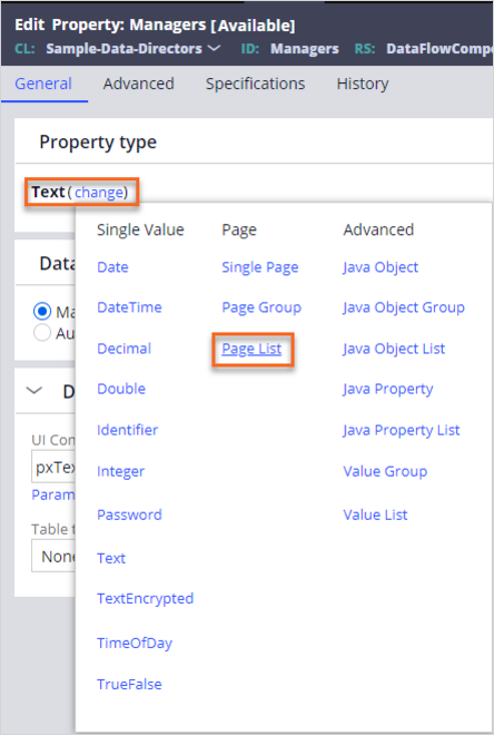 Page List property configuration