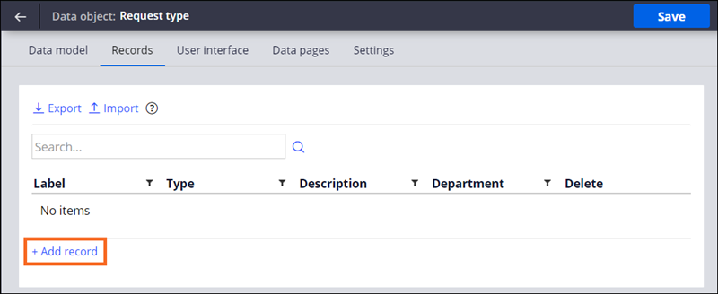 Highlighting the Add record button on the Data object Records tab.