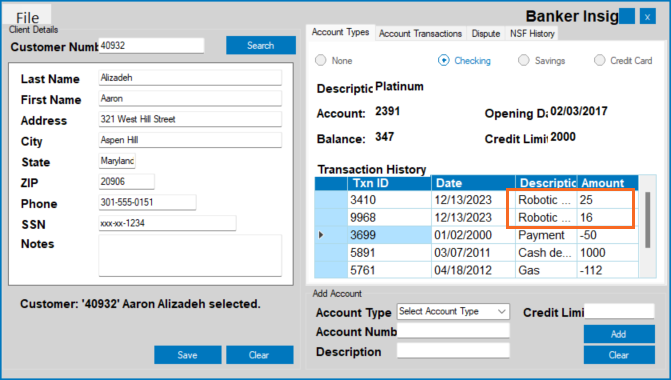 The Account Types tab of Banker Insight appliation with transactions added by the automation.