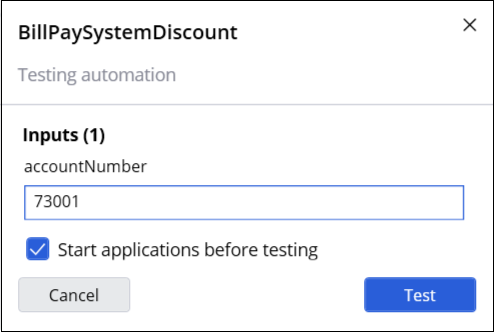 The Testing automation dialog box with customer number set to 73001 value for testing.
