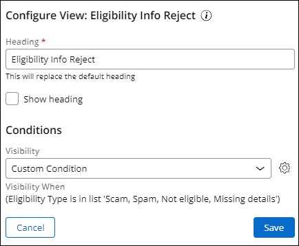 Configuration for the Eligibility Info Reject View.