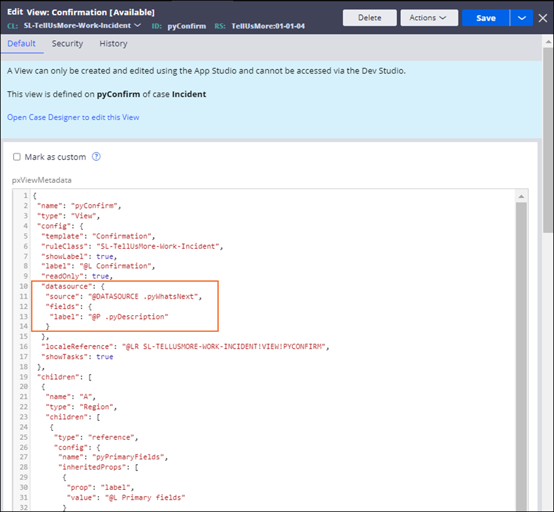 Highlighting the pyWhatsNext section on the Confirm View JSON
