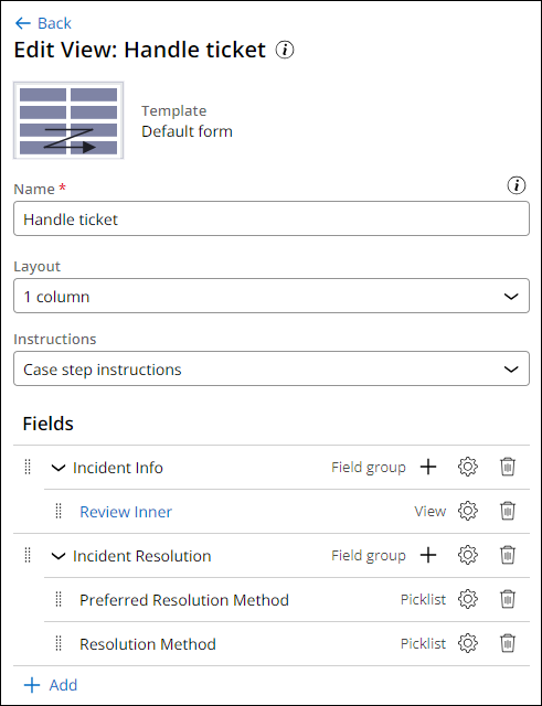The full configuration of the Handle ticket View.