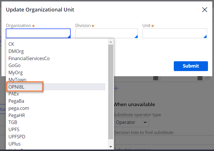 Dialog box used to update organization, division, and unit.