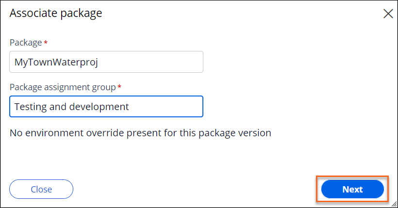 The Associate package dialog box.