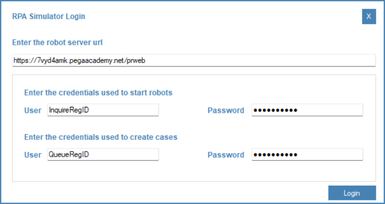 The login credentials for the Robot Simulator.