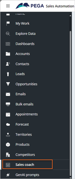 Navigation pane with the Sales coach button highlighted