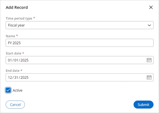 Add Record dialog box showing information for the FY 2025 record