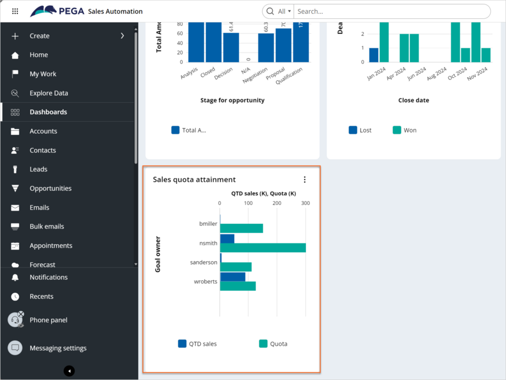 Sales quota attainment insight in the sales rep dashboard
